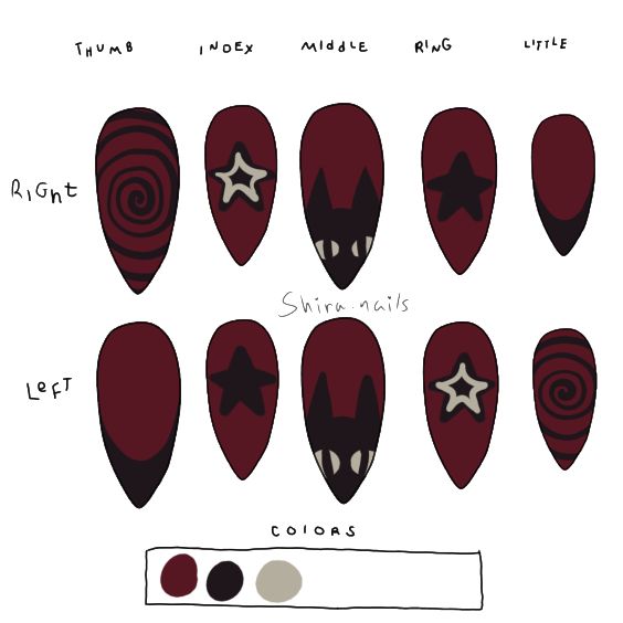 Nail Inspo Two Colors, Medium Goth Nails, Easy Gothic Nails, Gothic Nail Art Short, Cavetown Nails, Persona 5 Nails, Nail Inspo Alt, Nails Acrylic Red And Black, Chaos Nails