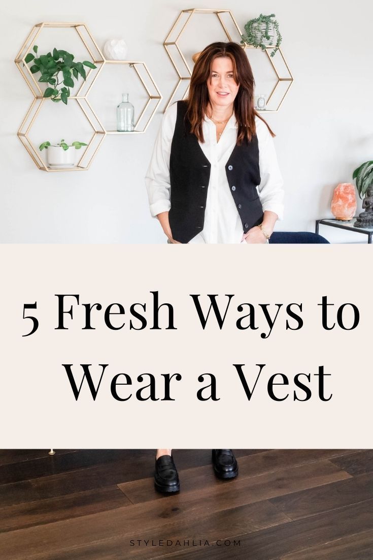 How to wear the hot trend a menswear vest #styledahlia #falltrends #fallfashion #over50style #styleover50 #vest #waistcoat Feminine Vest Outfit, Womens Suit Vest Outfit Casual, Vest With White Shirt Outfit, Vest 2023 Trend, How To Style A Leather Vest, Womens Black Vest Outfit, 2023 Vest Outfit, Black Vest Work Outfit, Velvet Vest Outfit Women