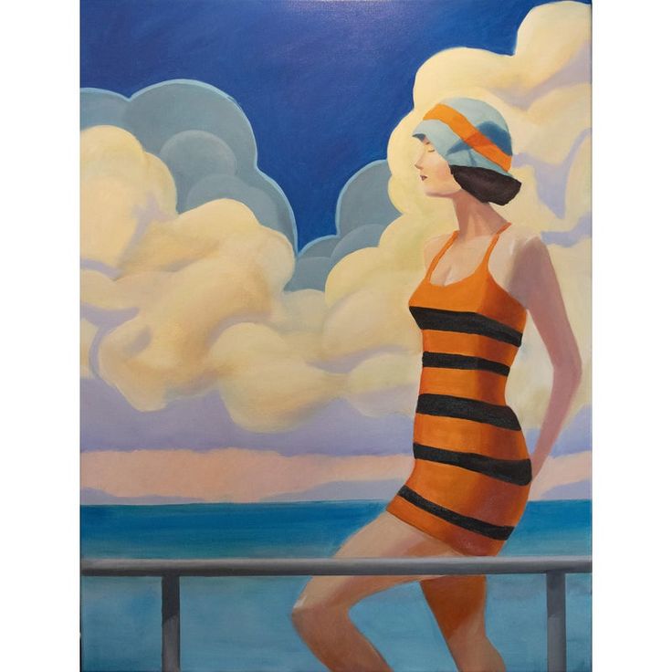 a painting of a woman in a bathing suit standing on a balcony overlooking the ocean