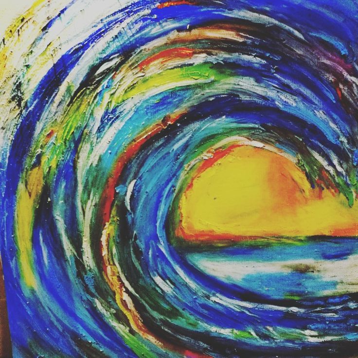 an abstract painting with blue, yellow and red colors on it's surface in the shape of a wave