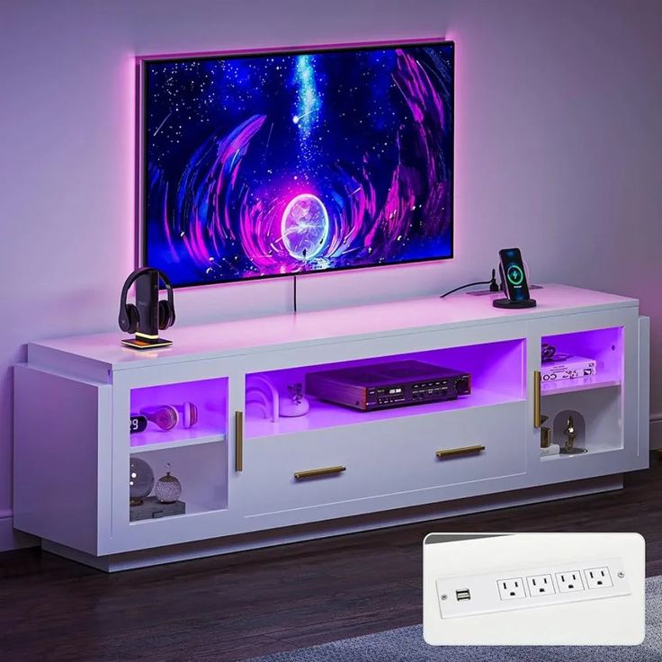 42013028384810 Film And Tv Production Storage, 65 Inch Tv Living Room, White And Gold Dresser, Tv Stand Decor Living Room, Console Tv Stand, Jean Styles, Tv Stand With Led Lights, Led Tv Stand, Media Console Table