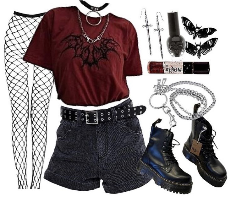 Emo Night Tour Outfit, Mcr Aesthetic Outfits, Emo Music Festival Outfits, Emo Outfit With Shorts, Yallternative Aesthetic Outfits Summer, Dark Punk Outfits, Outfit Ideas Alternative Grunge, 90s Goth Outfits Grunge, Rock Core Outfit