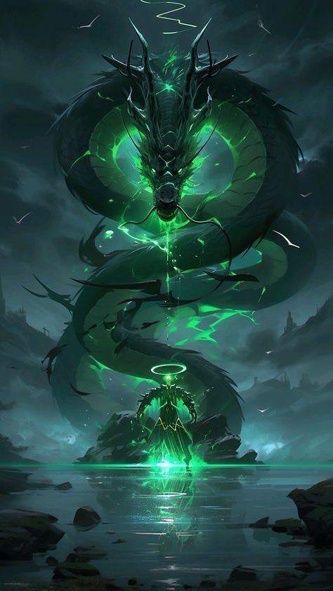 an image of a dragon in the water with green lights on it's wings