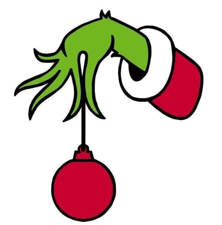 the grin face hanging from a christmas ornament with red balls and green hands