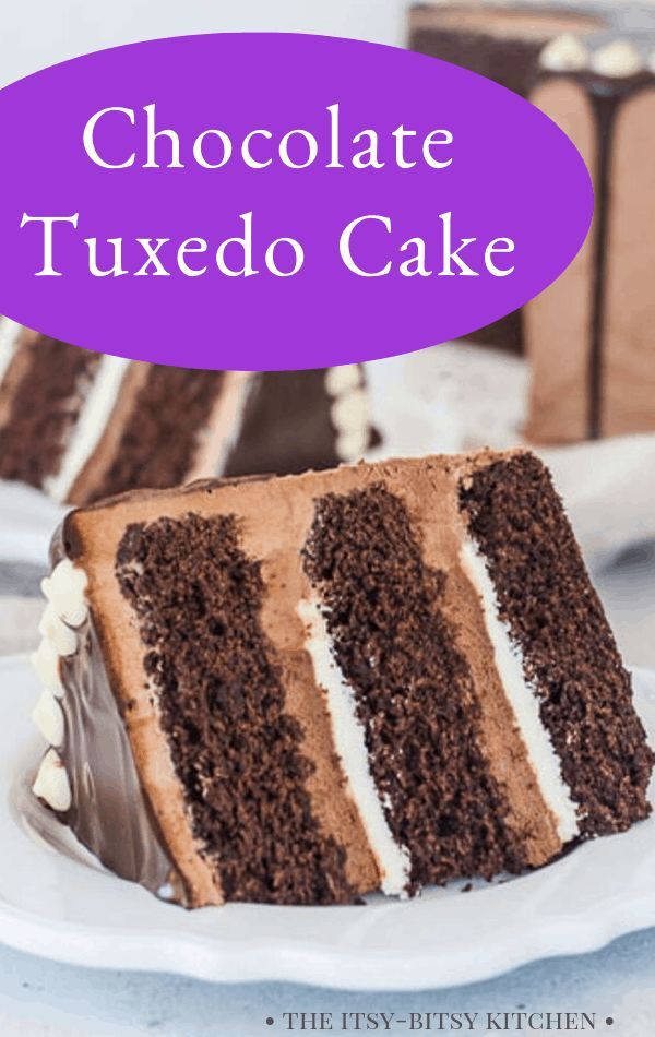 there is a piece of chocolate cake on the plate with words above it that read, chocolate tuxedo cake