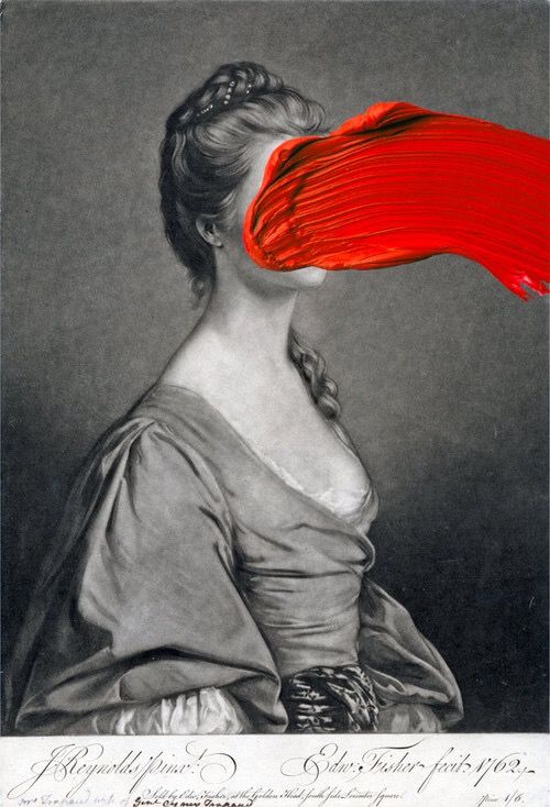 a drawing of a woman's head with red pleated fabric over her shoulders