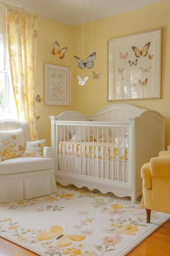 a baby's room with yellow and white furniture, butterflies on the wall above the crib