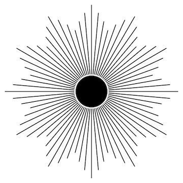 a black and white sunburst with rays in the center on a white background