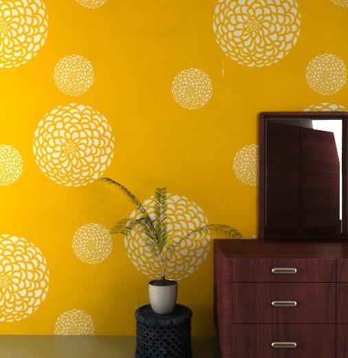 a small potted plant sitting on top of a wooden dresser next to a yellow wall