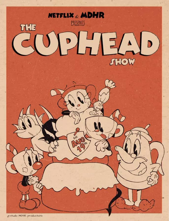 the cuphead show poster with mickey mouse and other cartoon characters on it's back cover