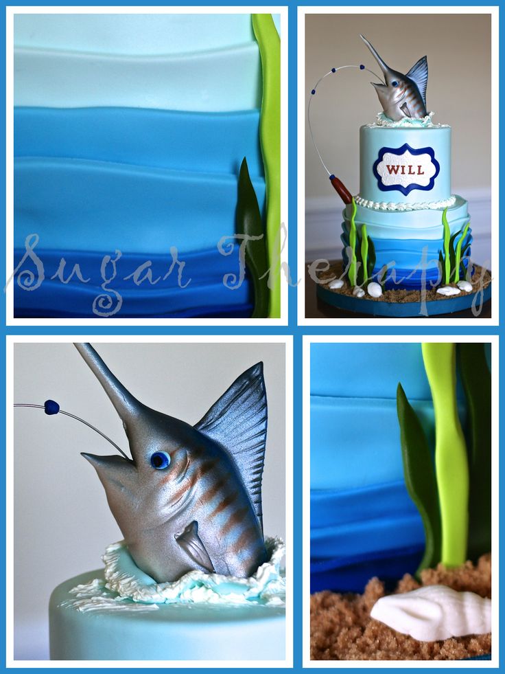 four pictures of different types of cakes with sea animals on them and under the cake