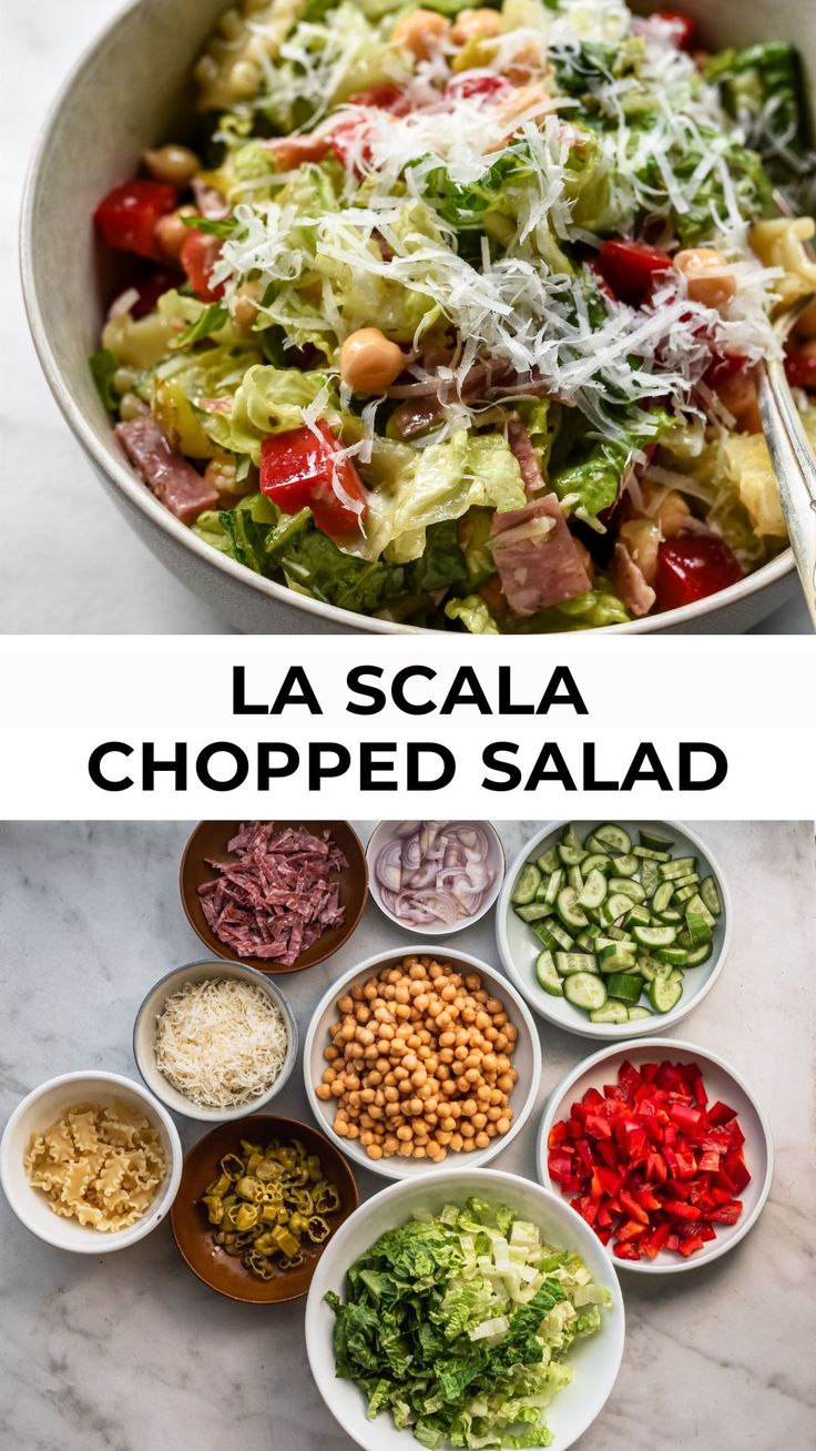 the salad is prepared and ready to be eaten with other ingredients in bowls around it