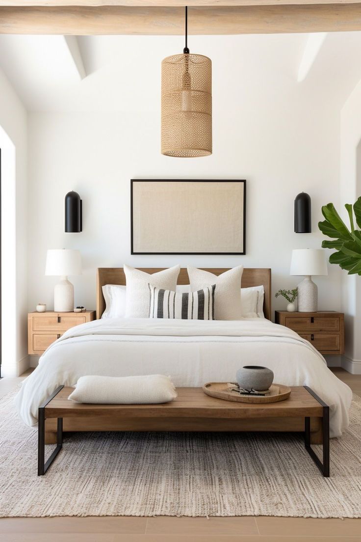 a bedroom with a bed, nightstands and plants on the side table in front of it