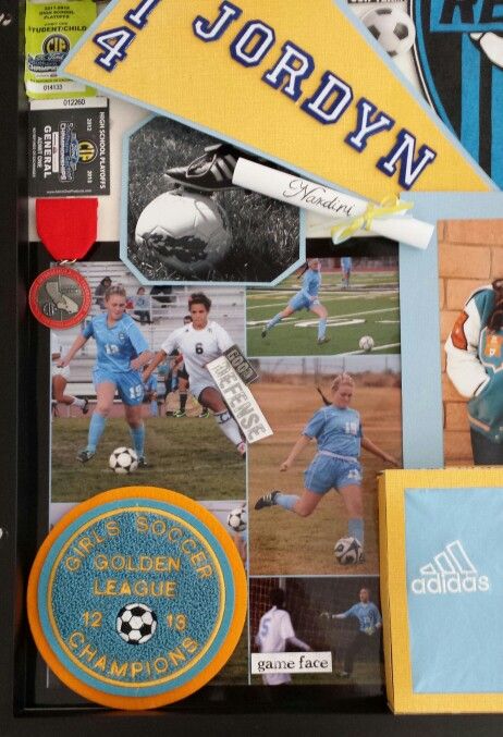 a collage of sports related items is displayed in a shadow box with the words 4 jordyn on it