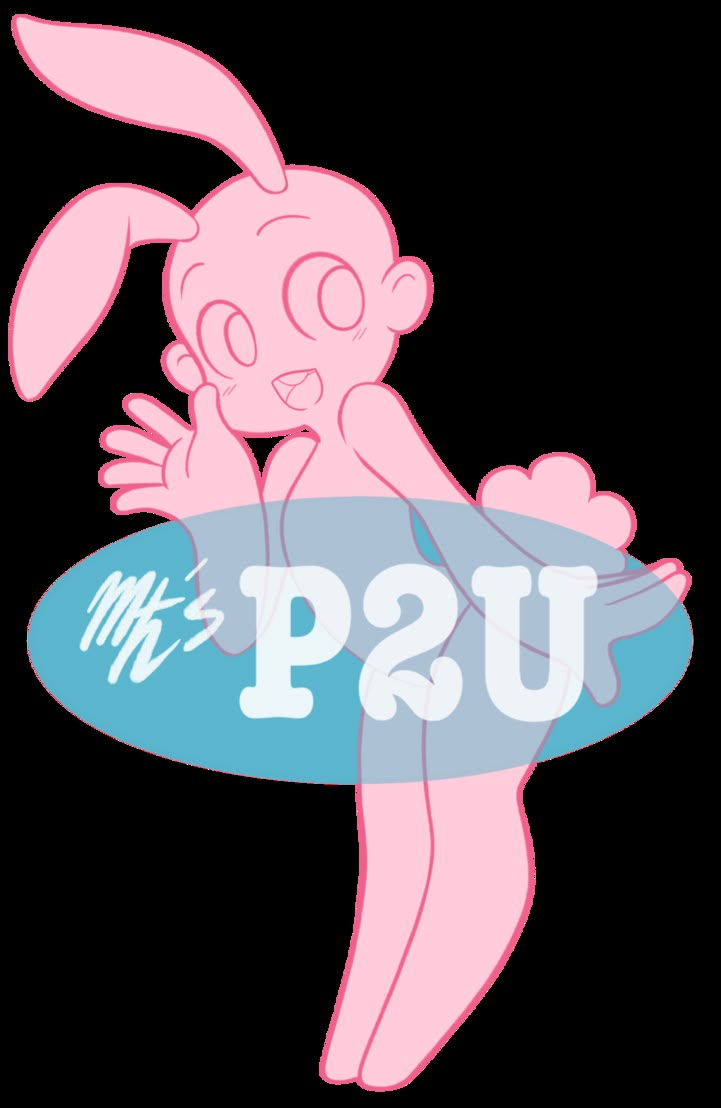 a pink cartoon character holding a surfboard with the word p2u on it