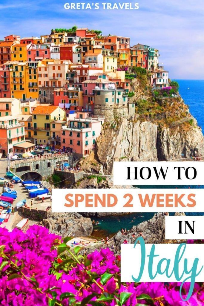 the coastline with purple flowers in front of it and text overlay that reads how to spend 2 weeks in italy