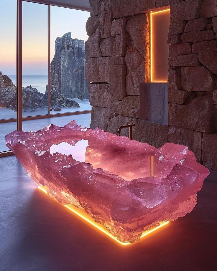 a large pink stone bowl sitting on top of a table next to a window with lights