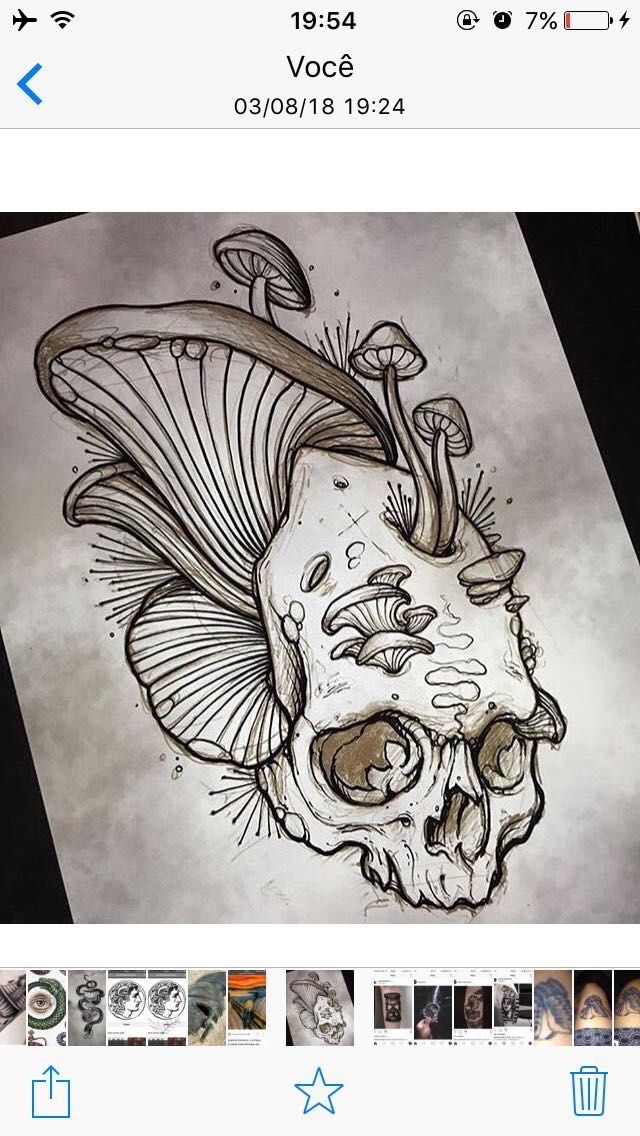 an image of a skull with mushrooms on it's head and the caption below