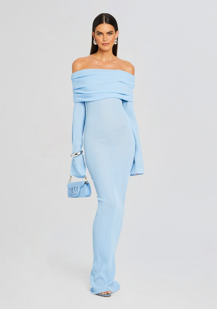 Stay effortlessly chic in SER.O.YA's Galleria Maxi Dress. With its flattering off-the-shoulder silhouette and fold over neckline, this knit maxi dress is a timeless piece that exudes sophistication. Shown here in Powder Blue. 77% Viscose, 23% Polyester Made in China Model is 5'10" wearing size S Style No. 3922-17 ABOUT Maxi Dress Dinner Outfit, Light Blue Elegant Dress, Pregnancy Party Dress, Formal Maternity Dresses, Movie Premiere Dress, China Outfit, Blue Wedding Guest Dress, Maxi Blue Dress, Blue Fitted Dress