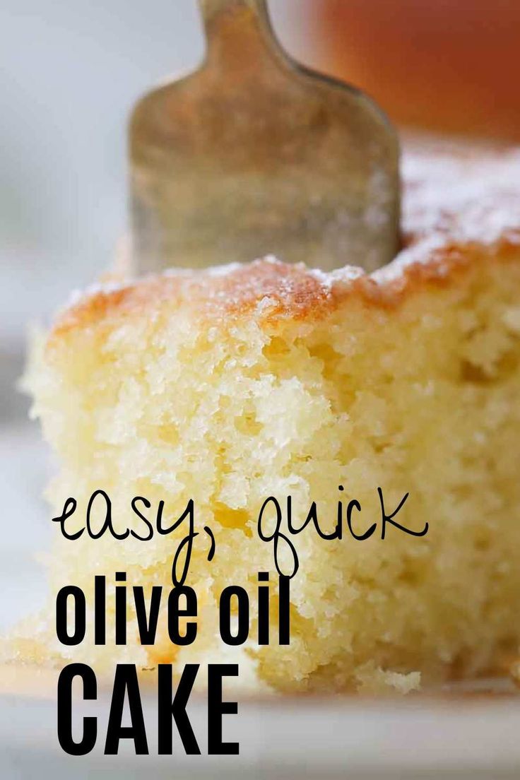 a close up of a piece of cake with the words easy quick olive oil cake