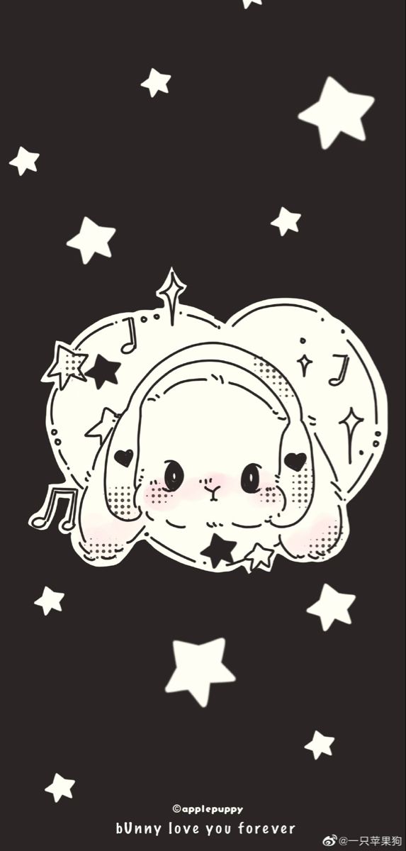 a black and white drawing of a bunny with stars on it's head, in the sky