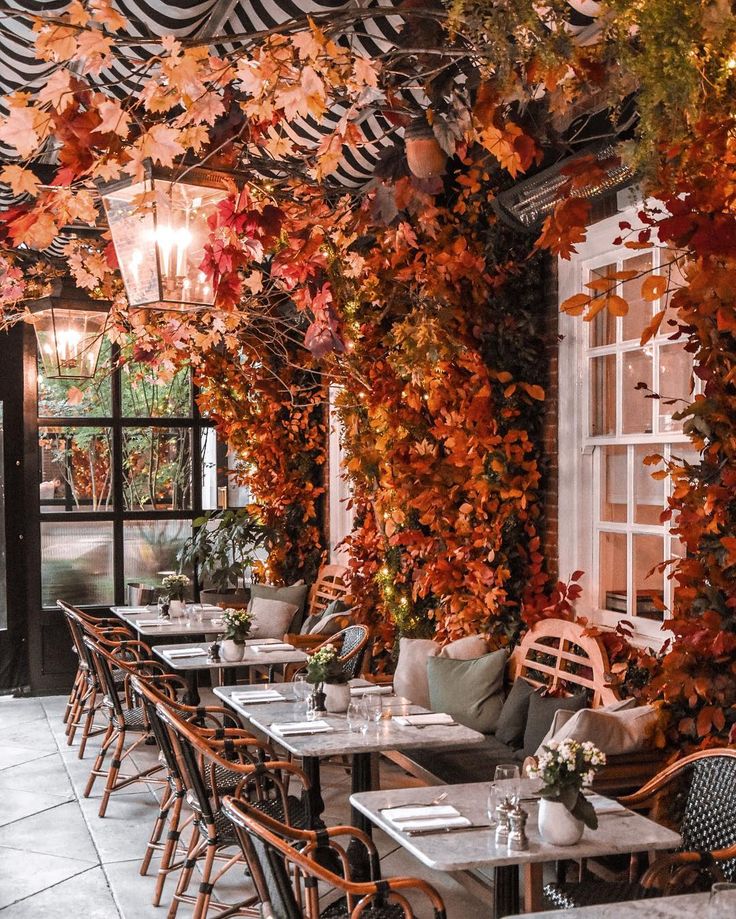 an outdoor dining area with tables and chairs covered in autumn colored leaves, hanging from the ceiling