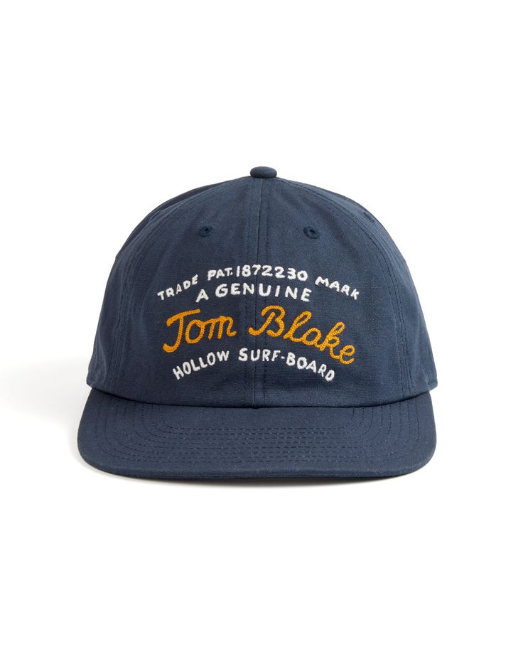 This hat graphic was inspired by Tom Blake's patented trademark for the construction plans of his original design for the Hollow Surfboard from 1926. Camp Hat, Tom Sachs, Construction Plan, Hat Accessories, The Hollow, Harp, Embroidered Design, Dark Navy, Surfboard