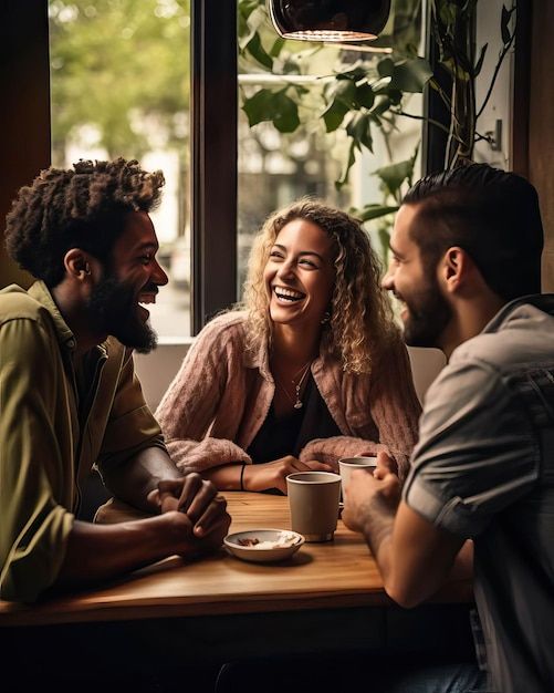 three people sitting at a table laughing and drinking coffee