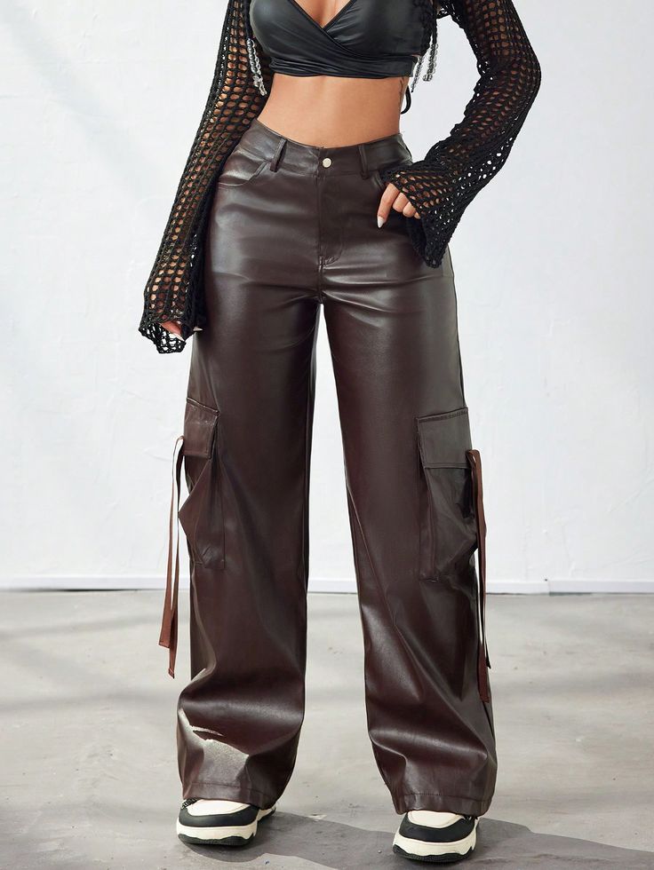 Street Maillard Flap Pocket Side Tape Detail PU Leather Wide Leg Cargo Pants Brown Casual   PU Leather Plain,All Over Print Cargo Pants Non-Stretch  Women Clothing, size features are:Bust: ,Length: ,Sleeve Length: Leather Cargos, Leather Cargo Pants, Wide Leg Cargo Pants, Stand Collar Jackets, Fall 2024 Fashion, Shein Outfits, Flare Leg Pants, Old Clothes, Women Pants