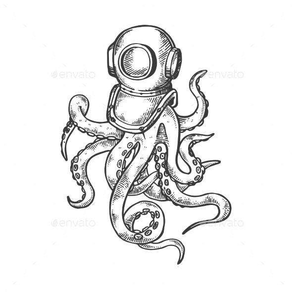 an octopus with a diving helmet on it's head is drawn in black ink