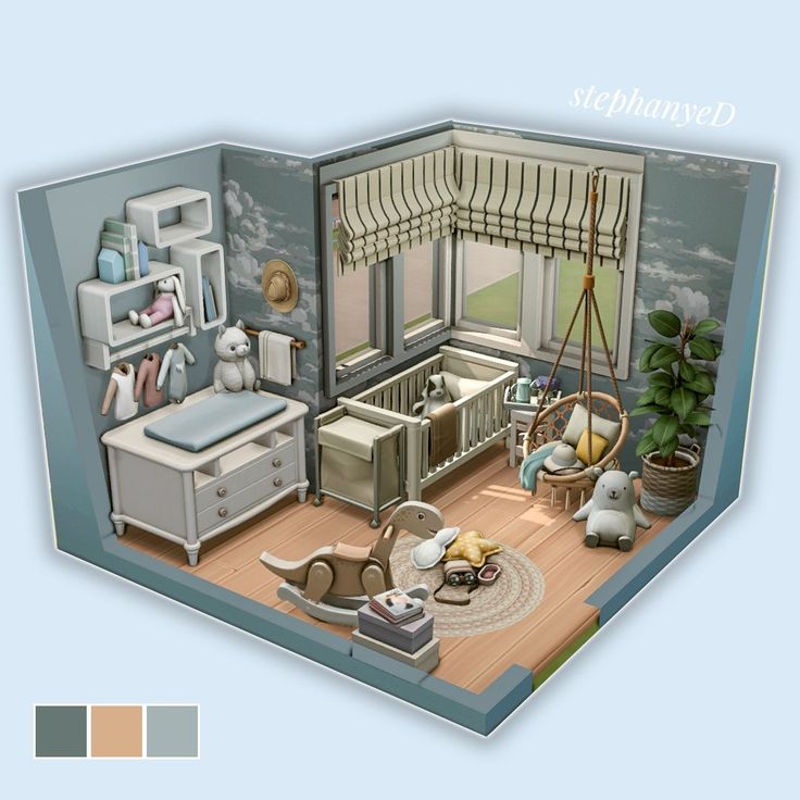 the interior of a baby's room with furniture and accessories