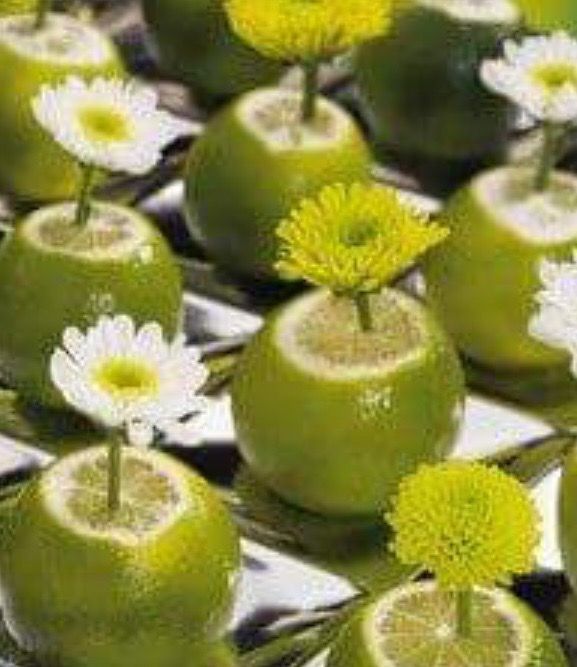 limes and daisies are arranged in small squares on a silver tray with mirrored surface