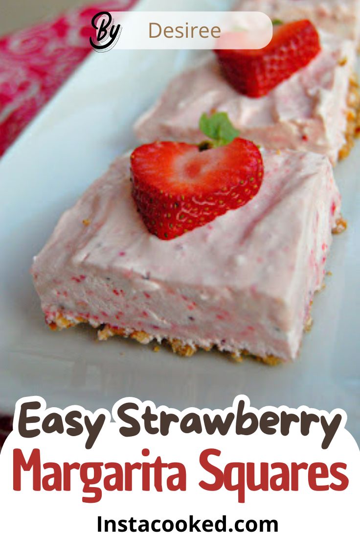 easy strawberry margarita squares recipe on a white plate with strawberries and text overlay