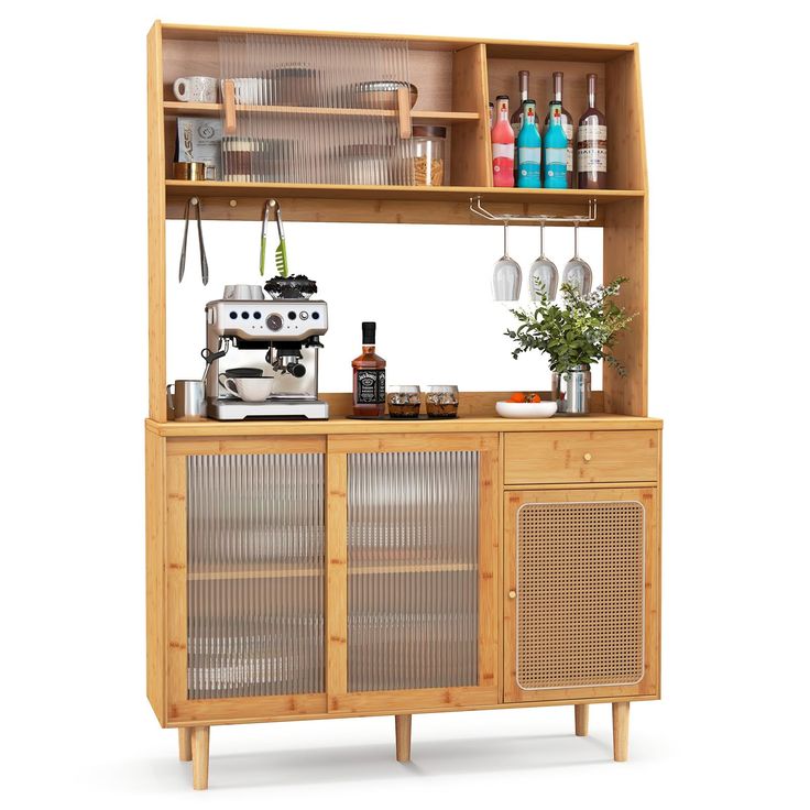 a wooden cabinet with glass doors and shelves filled with bottles, glasses, cups, an espresso machine