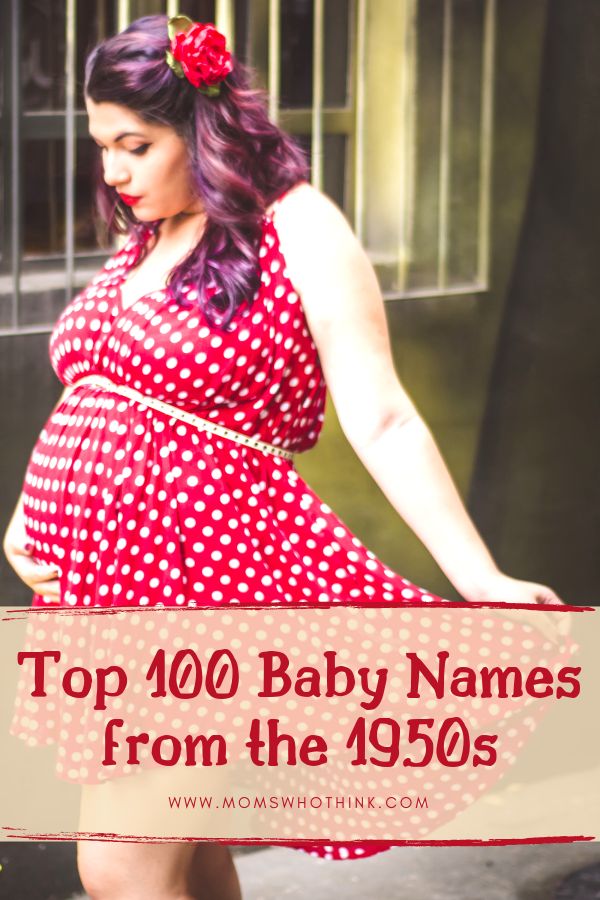 a woman in a red and white polka dot dress holding a sign that says top 100 baby names from the 1950s