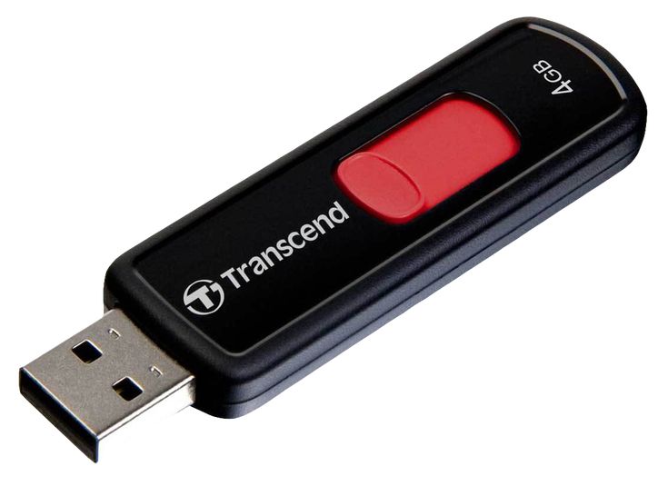 a red and black flash drive sitting on top of a white surface with the word transcend printed on it