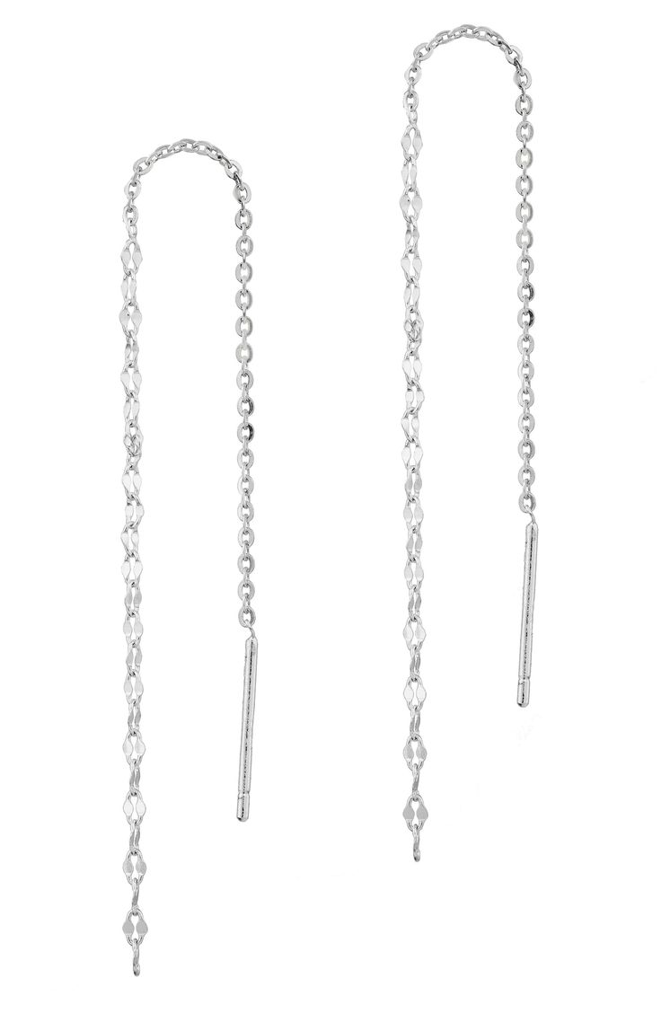 Simple chain lends contemporary charm to threader earrings shaped from bright sterling silver. 1.5" drop Thread-through style Sterling silver Imported White Gold Dangle Threader Earrings With Ear Wire, Dainty Silver Linear Earrings With Delicate Chain, Silver Threader Earrings With Adjustable Chain As Gift, Silver Teardrop Cable Chain Jewelry, Silver Teardrop Jewelry With Cable Chain, Silver Sterling Earrings With Delicate Chain, Dangle Threader Earrings With Cable Chain For Gift, Silver Linear Drop Earrings, Adjustable Nickel Free Silver Threader Earrings