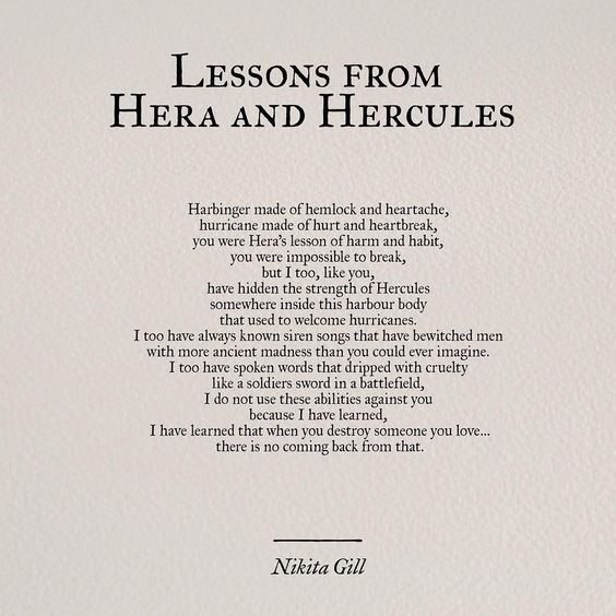 a poem written in black and white with the words lessons from hera and hercules