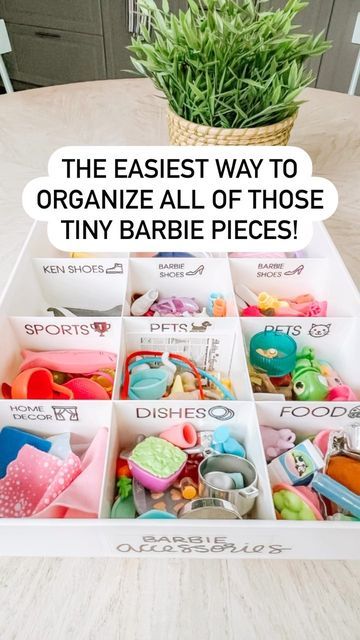 there are many small bins on the table with toys in them and text that reads, the easier way to organize all of those tiny barbie babies