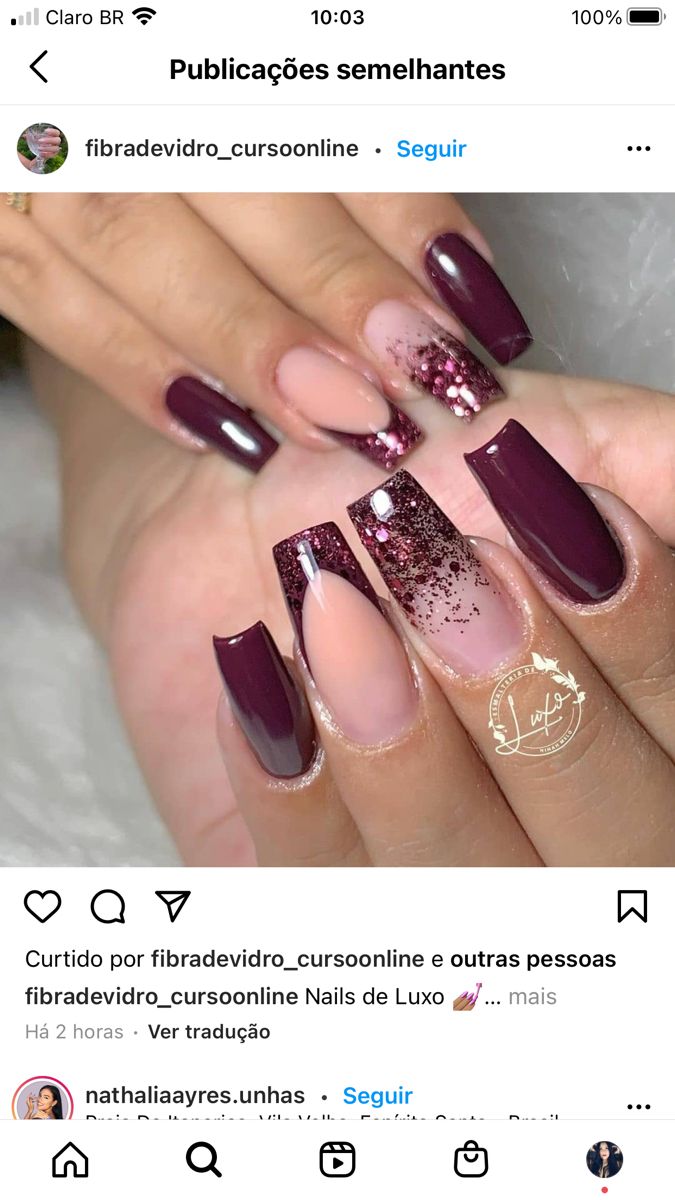 Coffin Nails Burgundy Design, Red Sequin Nails, Elegant Nails Burgundy, White And Wine Nails, Ruby Red Nail Designs, Burgandy Fall Nails 2022, Pink Burgundy Nails, Unique Ombre Nails, Plum Acrylic Nails Design