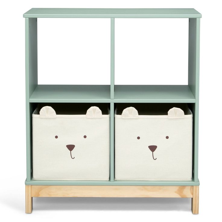 two storage bins with bears painted on the front and bottom, one is light green