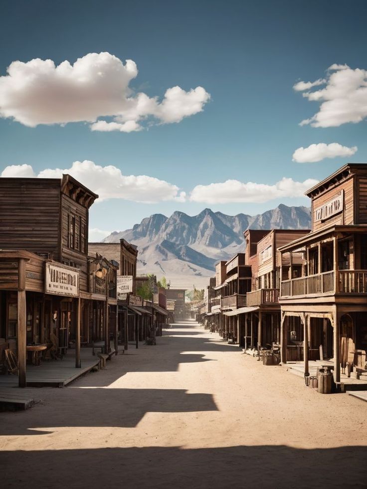 an old western town in the middle of nowhere with mountains in the backgroud