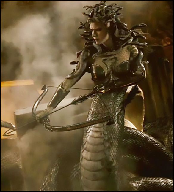 a woman dressed as a dragon holding a bow and arrow