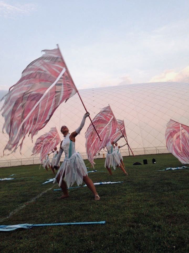 a group of women holding pink flags on top of a lush green field