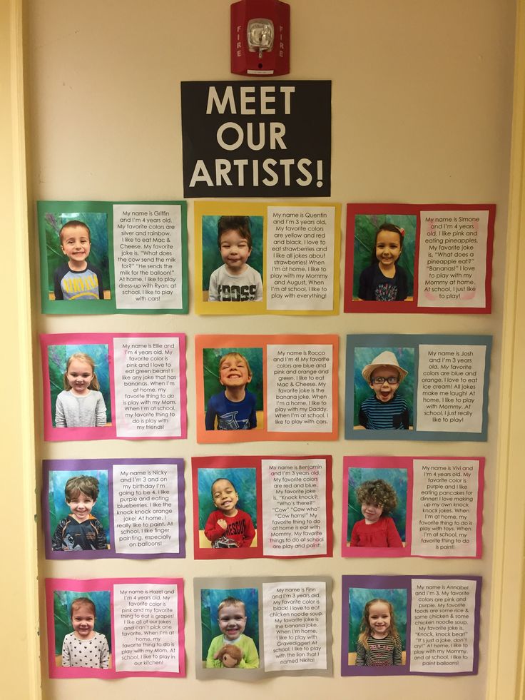 a bulletin board with pictures of children's faces and words written on the wall