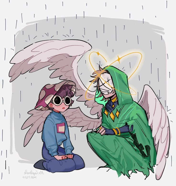 an angel and a boy sitting in the rain