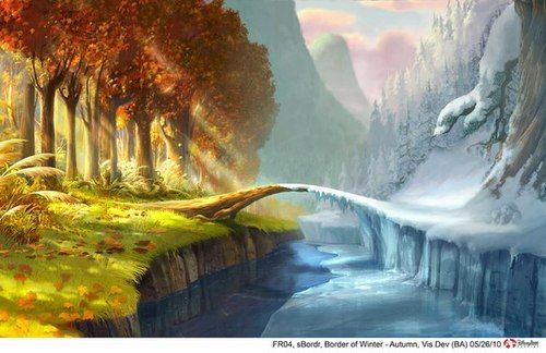 a painting of a waterfall in the middle of a forest with trees on both sides