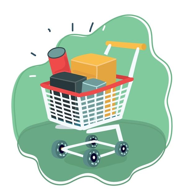 a shopping cart filled with boxes and other items is shown in this flat style illustration