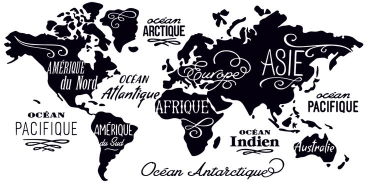 the world map is drawn in black and white, with words written all over it