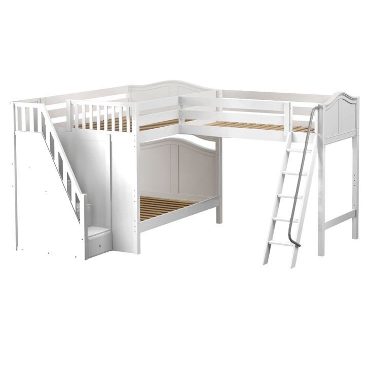 TREBLE WC : Multiple Bunk Beds Full High Corner Loft Bunk Bed with Ladder + Stairs - L Slat Stairs, Panel Stairs, Loft Bunk Bed, Corner Loft, Attic Bed, Sibling Room, Bunk Bed Ladder, Ladder Stairs, Curved Bed